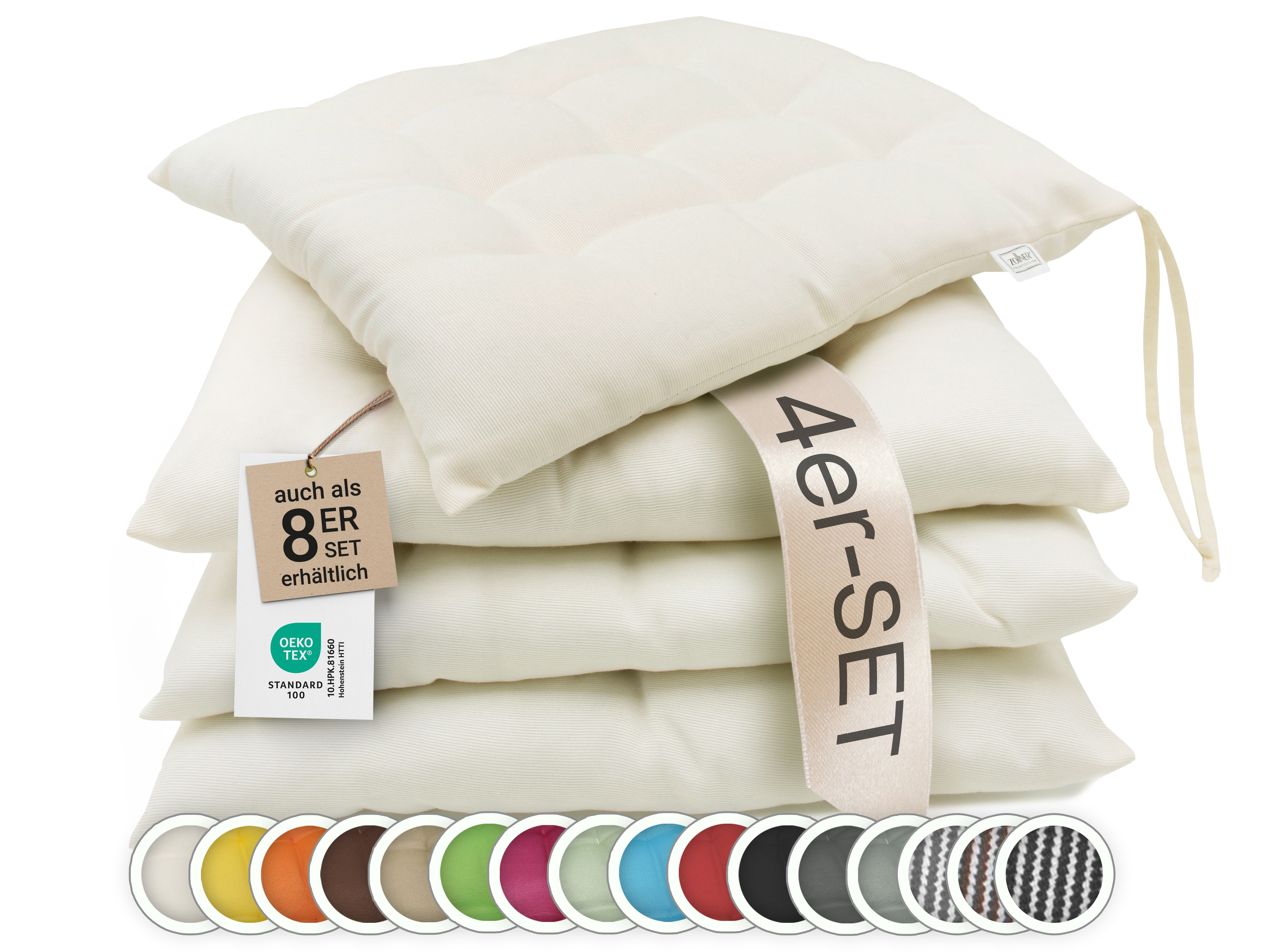 4er oder 8er Set Stuhlkissen Sitzkissen 40x40 cm quadratisch mit Bänder