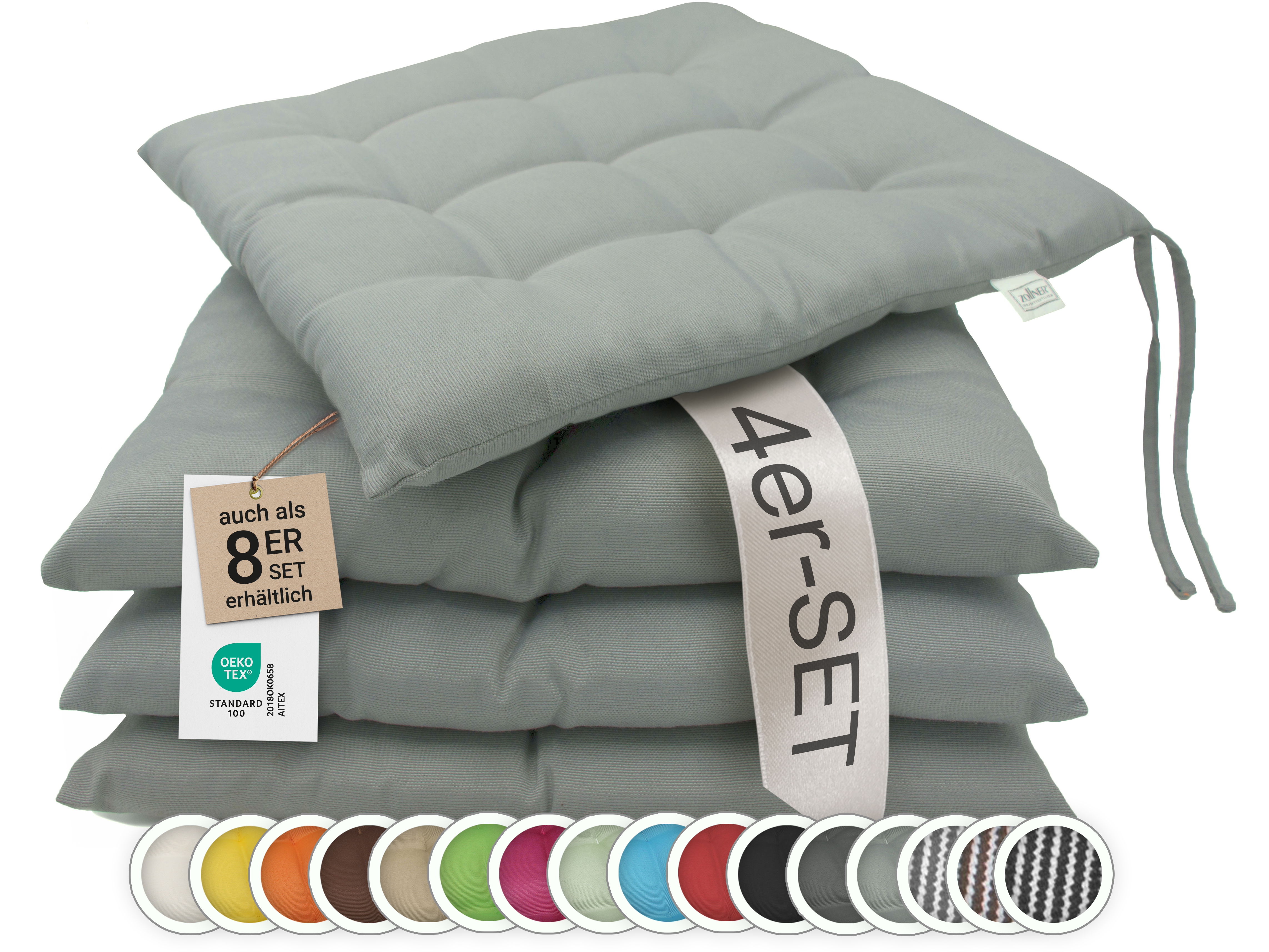 4er oder 8er Set Stuhlkissen Sitzkissen 40x40 cm quadratisch mit Bänder