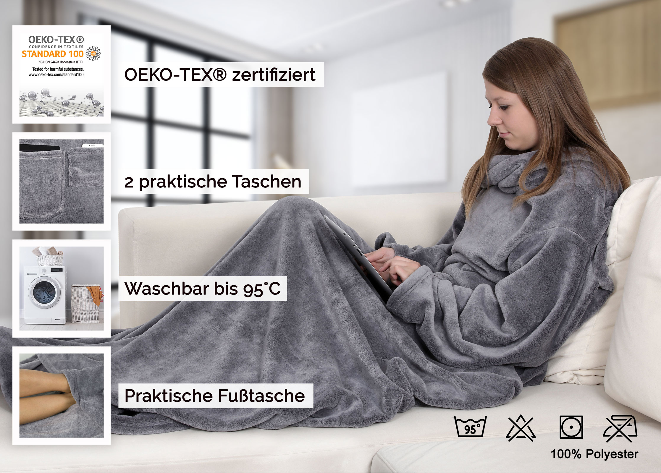 TV-Wohndecke mit Ärmel, Fuß- und Handytasche Ärmeldecke Kuscheldecke | eBay